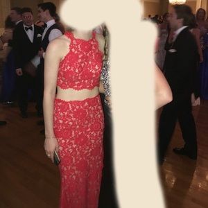 Red Lace Two Piece Prom Dress